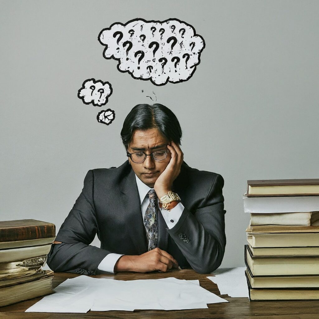 lawyer with question marks over his head