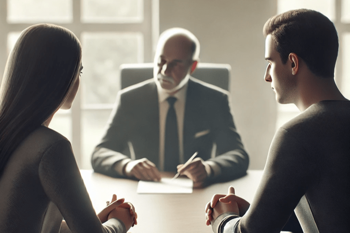 man and woman consulting with divorce attorney
