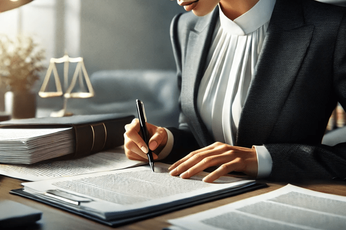 woman reviewing legal papers with family lawyer