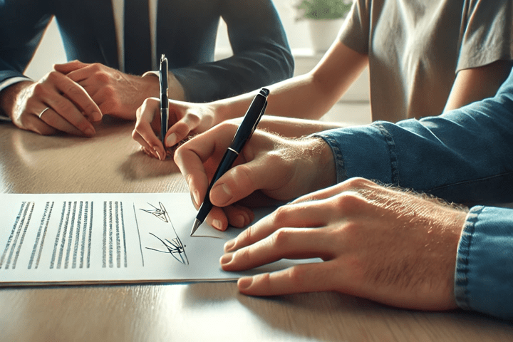 divorce paperwork and pen on wooden table