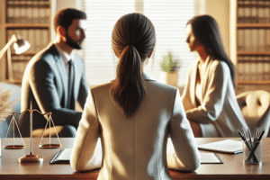 Divorced couple signing settlement papers with attorney
